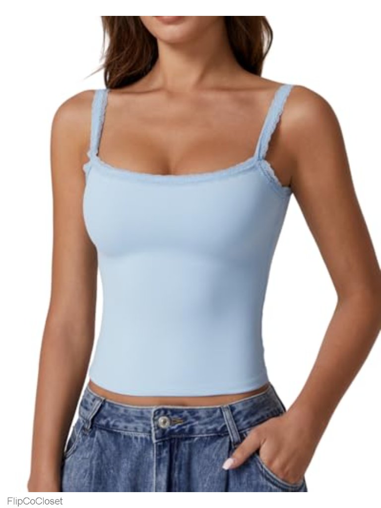 Womens Square Neck Lace Trim Tank Top Double Lined Slim Fitted Y2k Camisole